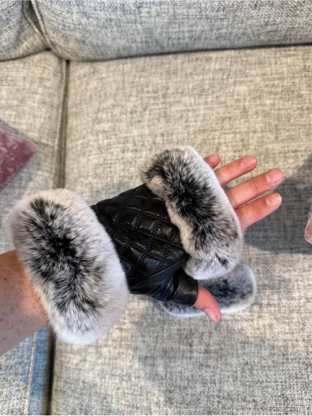 Lux Quilted Leather Fingerless Gloves with Gray Fur Trim